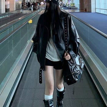 Ženska jakna od umjetne kože, dugi rukavi, standardna duljina 50–65 cm, prednji zip