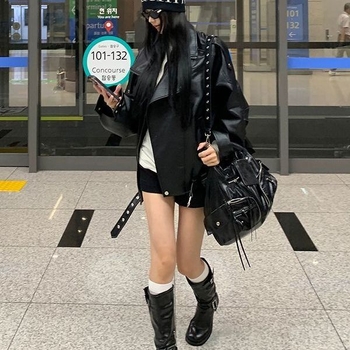 Ženska jakna od umjetne kože, dugi rukavi, standardna duljina 50–65 cm, prednji zip