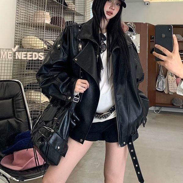 Ženska jakna od umjetne kože, dugi rukavi, standardna duljina 50–65 cm, prednji zip