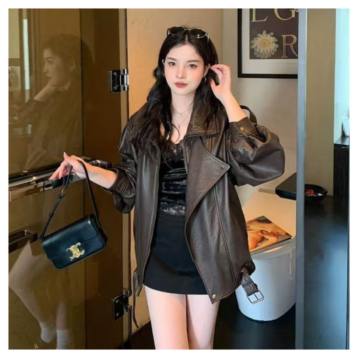 Ženska jakna od umjetne kože, dugi rukavi, standardna duljina 50–65 cm, prednji zip