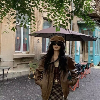 Ženska kožna jakna, retro hongkonški stil, polo ovratnik, umjetna koža, chenille tkanina, princezini rukavi