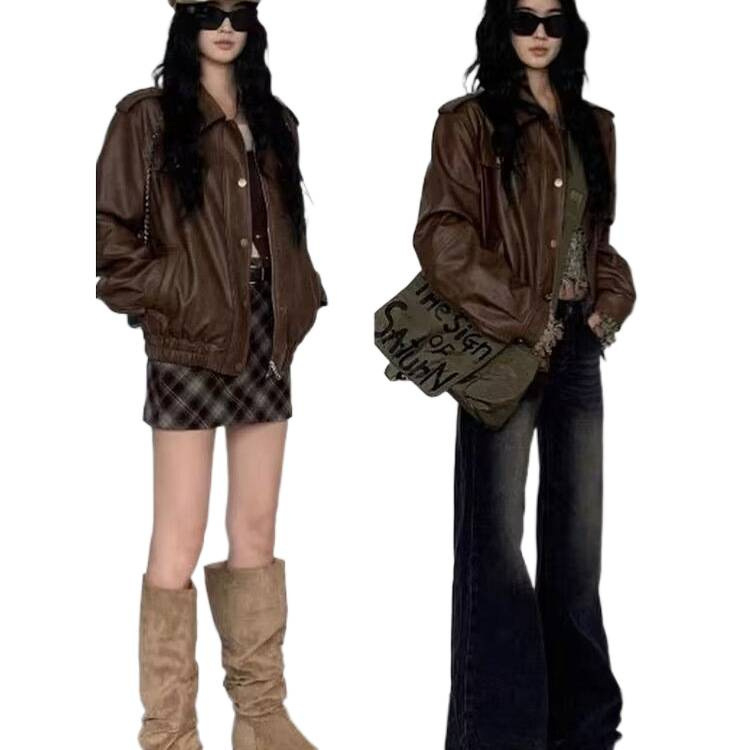 Ženska kožna jakna, retro hongkonški stil, polo ovratnik, umjetna koža, chenille tkanina, princezini rukavi