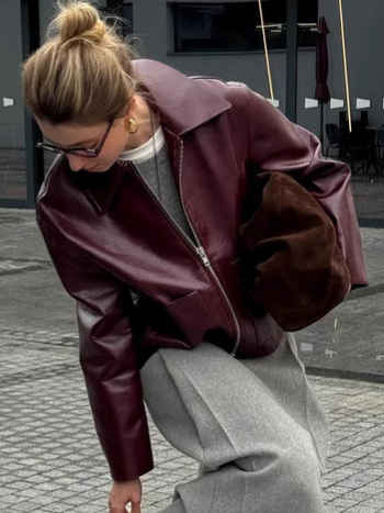 Ženski PU kožni kaput, umjetna koža, jesensko-zimska 2024, širok kroj, ziper