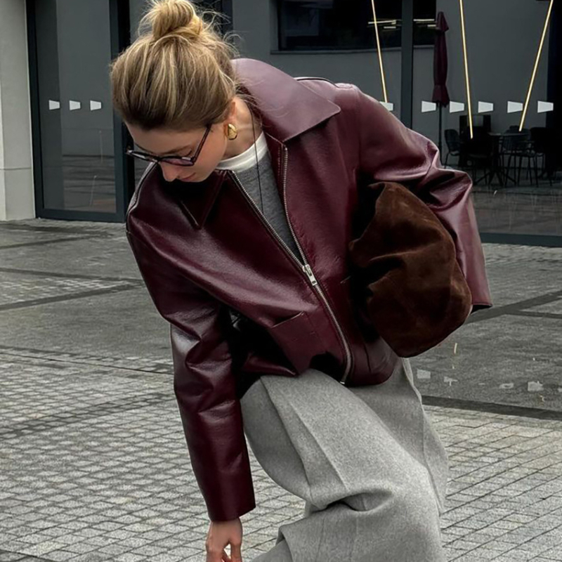 Ženski PU kožni kaput, umjetna koža, jesensko-zimska 2024, širok kroj, ziper