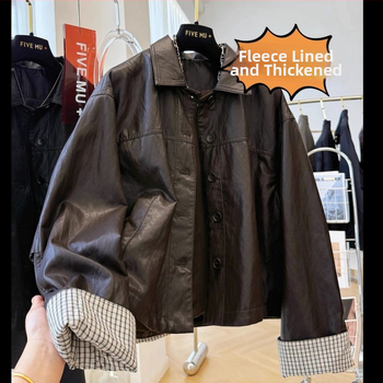 Sünteetilise naha biker-jakk - Korea casual minimalistlik stiil, normaalne pikkus 50–65 cm, polo krae, vaba lõige, pikad varrukad