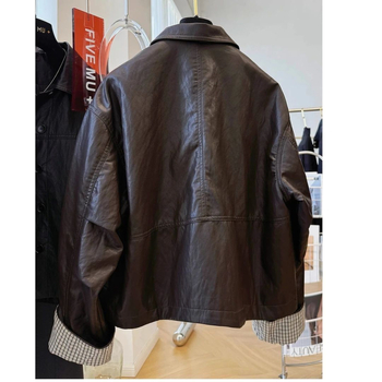 Sünteetilise naha biker-jakk - Korea casual minimalistlik stiil, normaalne pikkus 50–65 cm, polo krae, vaba lõige, pikad varrukad