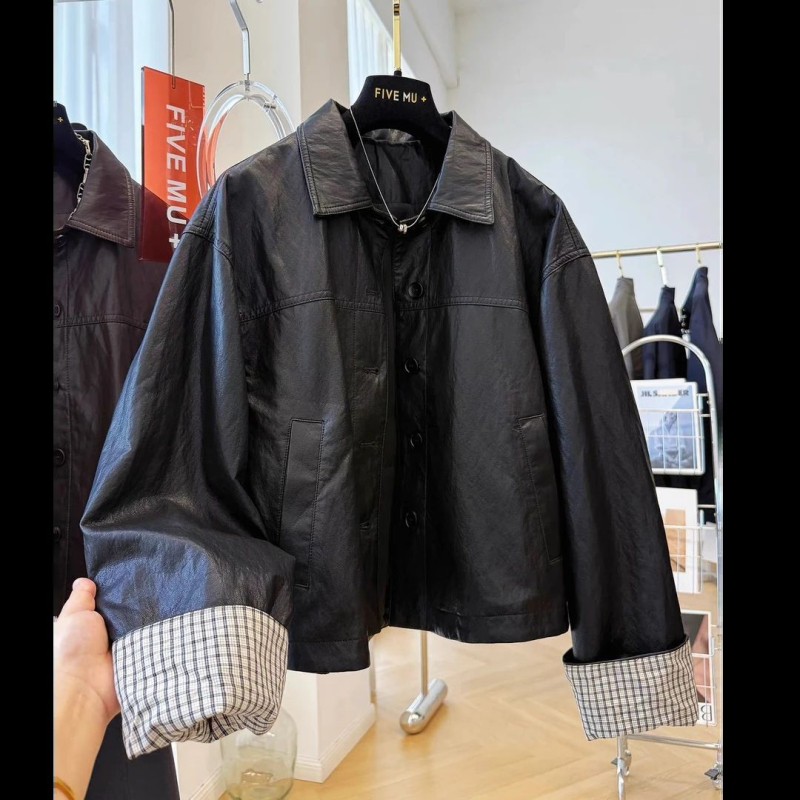 Sünteetilise naha biker-jakk - Korea casual minimalistlik stiil, normaalne pikkus 50–65 cm, polo krae, vaba lõige, pikad varrukad