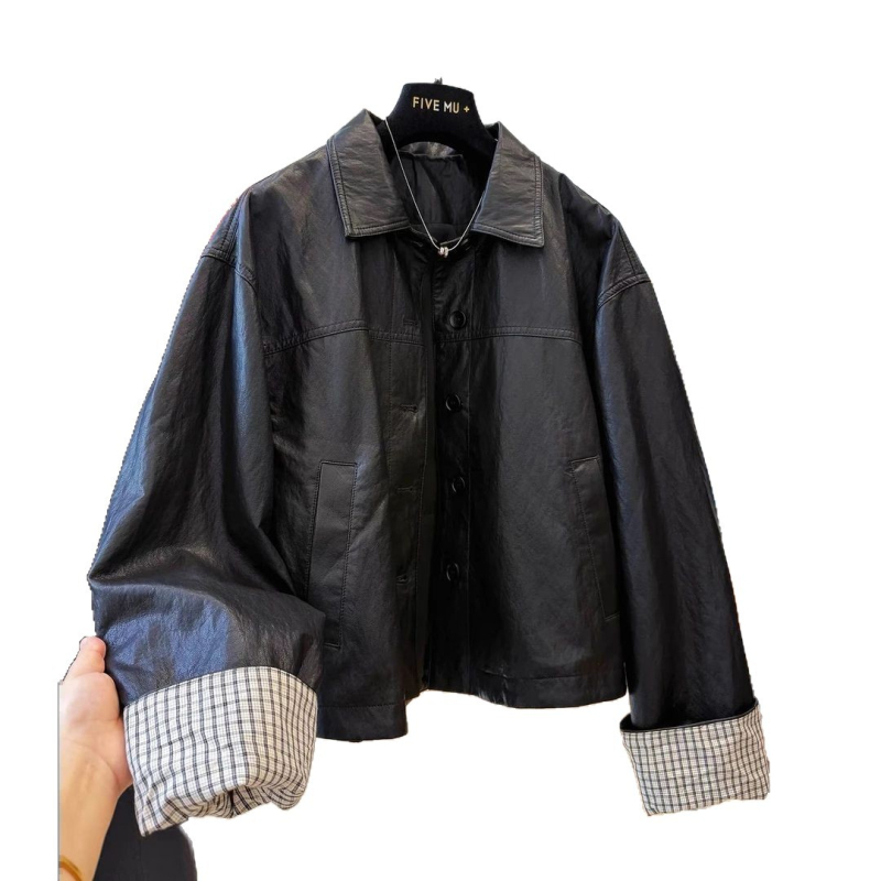 Sünteetilise naha biker-jakk - Korea casual minimalistlik stiil, normaalne pikkus 50–65 cm, polo krae, vaba lõige, pikad varrukad