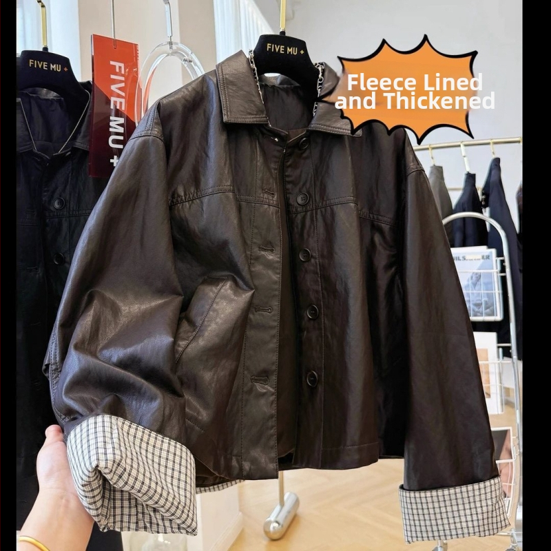 Sünteetilise naha biker-jakk - Korea casual minimalistlik stiil, normaalne pikkus 50–65 cm, polo krae, vaba lõige, pikad varrukad