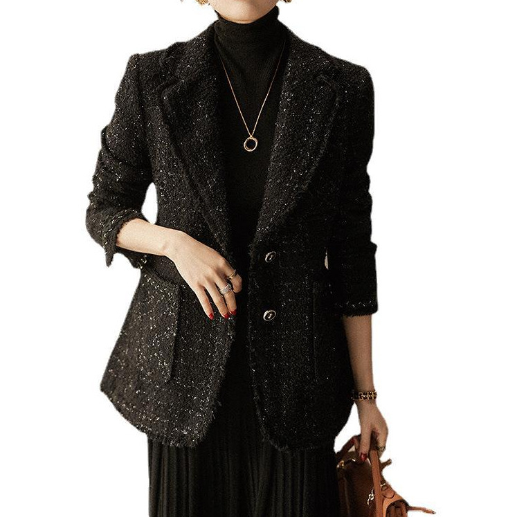 Dámsky vlnený tweed blejzer, jednofarebný, dlhé rukávy, sakový golier, dĺžka 50–65 cm, Jeseň 2025