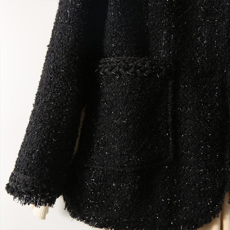 Dámsky vlnený tweed blejzer, jednofarebný, dlhé rukávy, sakový golier, dĺžka 50–65 cm, Jeseň 2025