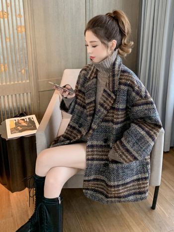Kabát Chenille s károvaným vzorom, voľný strih, hrubý, stredná dĺžka