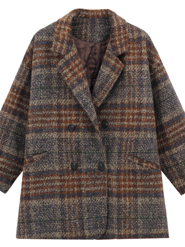 Kabát Chenille s károvaným vzorom, voľný strih, hrubý, stredná dĺžka