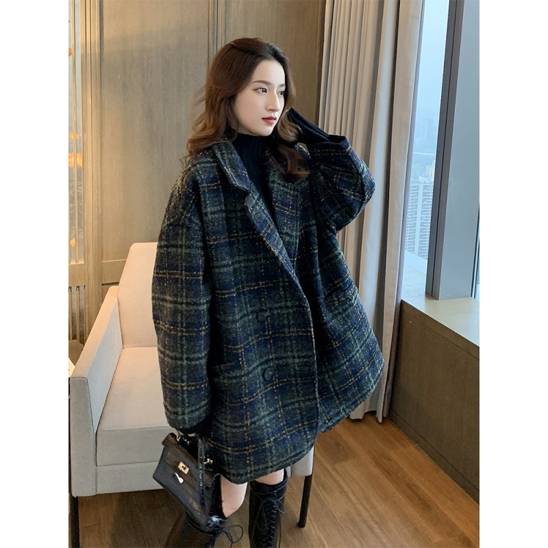 Kabát Chenille s károvaným vzorom, voľný strih, hrubý, stredná dĺžka