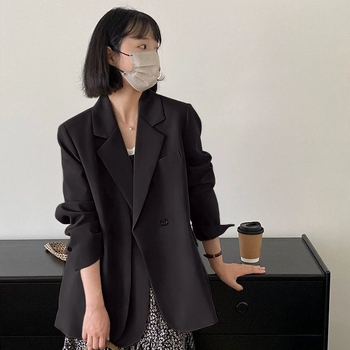 Дамски блейзър със солиден модел, свободна кройка, яка поло, дълги ръкави, регулярен дължина