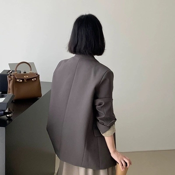 Дамски блейзър със солиден модел, свободна кройка, яка поло, дълги ръкави, регулярен дължина