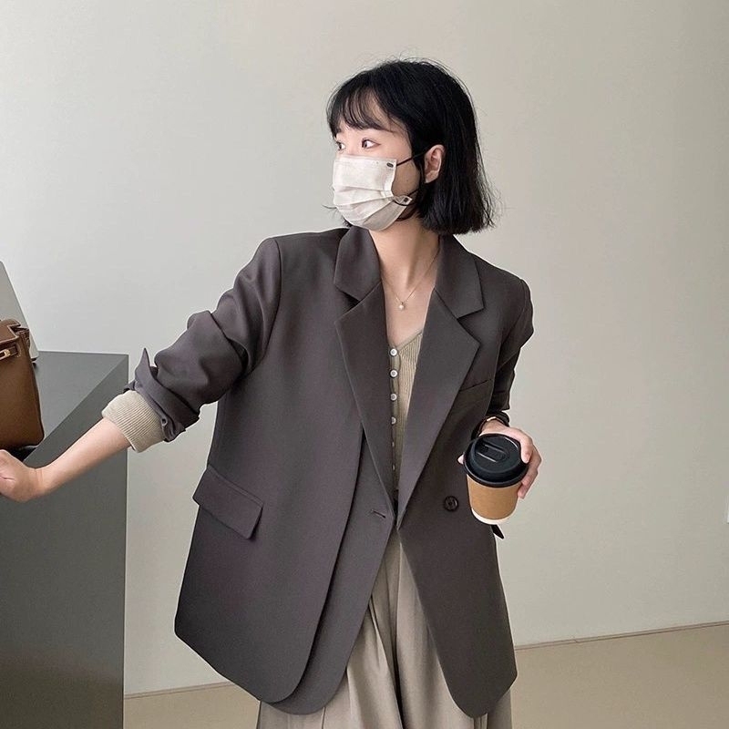 Дамски блейзър със солиден модел, свободна кройка, яка поло, дълги ръкави, регулярен дължина