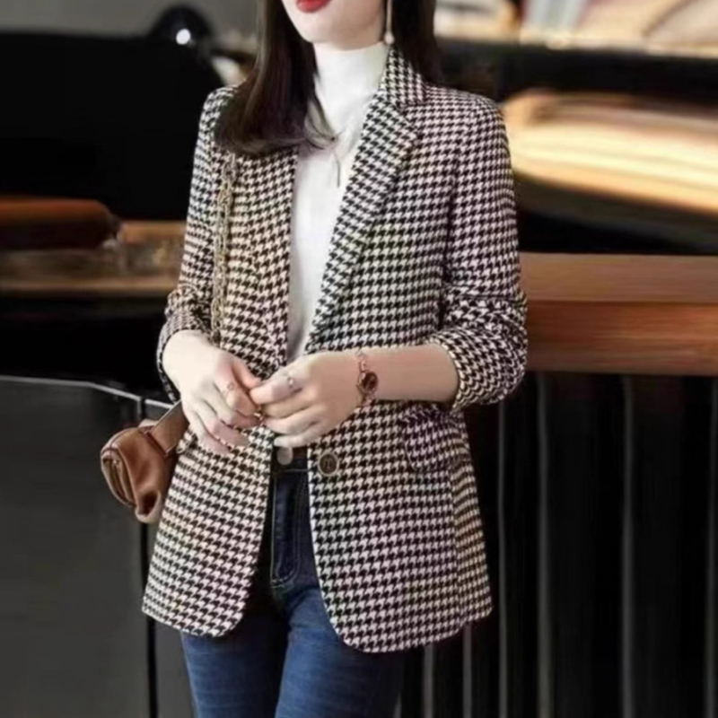 Žensko karijasto sako, korejski stil retro, proljeće-jesen 2025, casual, dugi rukav