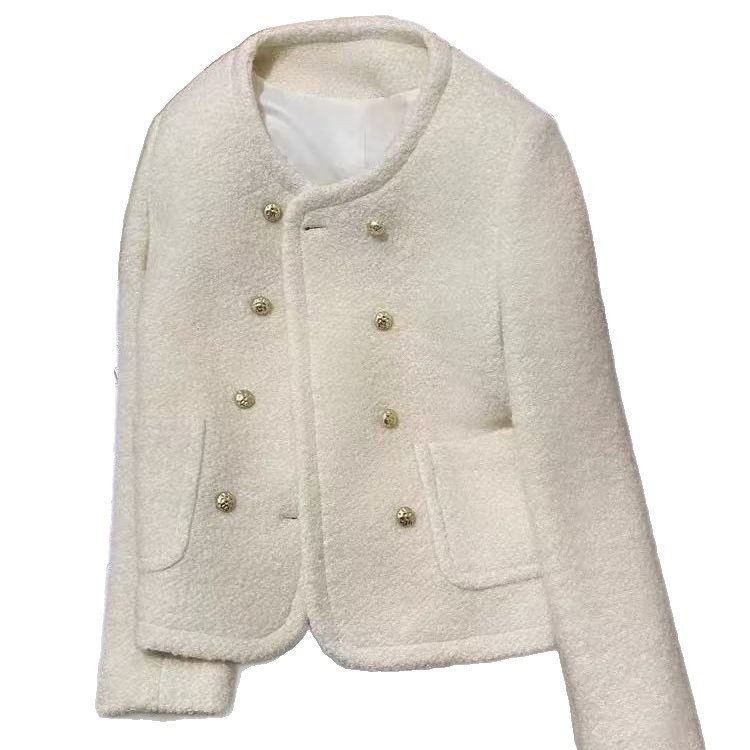 Dámske vonkajšie oblečenie, štýl Little Fragrance Wind, polyesterová zmes (50-70% polyester + 30-50% iné), hrubé a teplé, okrúhly výstrih, zapínanie na jeden rad viacerých gombov.