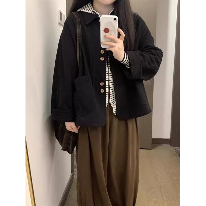 Dámske ľahké sako v kórejskom štýle, voľný strih, golier sako, akrylové vlákno 95%+, dlhé rukávy, jeseň 2024