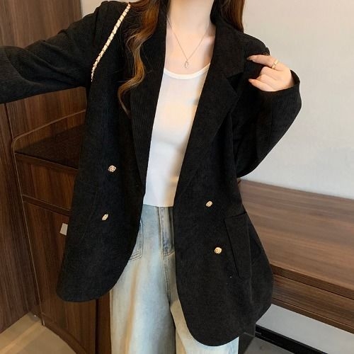 Žensko sako od korduroja, jednobodno kopčanje, dugi rukavi, standardna duljina, elegantan gradski stil