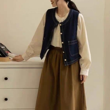 Vesta denim pentru femei, stil japonez retro – lungime scurtă, decolteu în V, model geometric, nasturi pe un singur rând