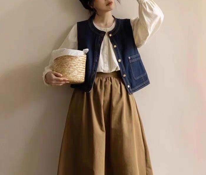 Vesta denim pentru femei, stil japonez retro – lungime scurtă, decolteu în V, model geometric, nasturi pe un singur rând