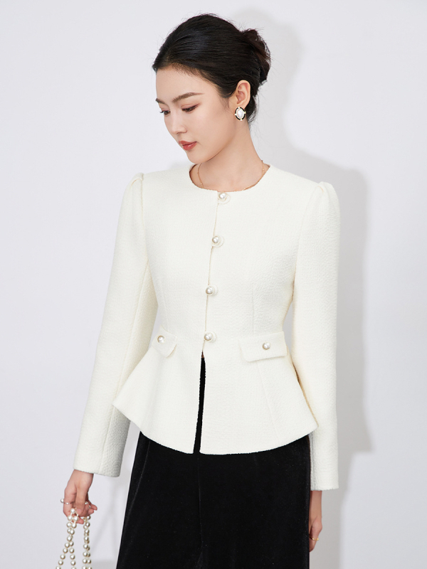 Kabát, úzky strih, krátky, balónové rukávy, polyesterové vlákno, lem s listom lotosu