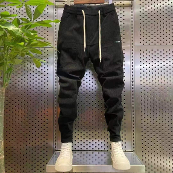 Pánske voľnočasové nohavice s fleecovým podšitím, šesť vreciek, rovný strih, stredná výška, pruhovaný vzor