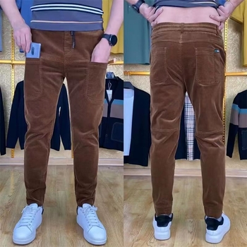 Pánske voľnočasové nohavice s fleecovým podšitím, šesť vreciek, rovný strih, stredná výška, pruhovaný vzor