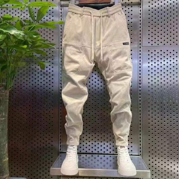 Pánske voľnočasové nohavice s fleecovým podšitím, šesť vreciek, rovný strih, stredná výška, pruhovaný vzor