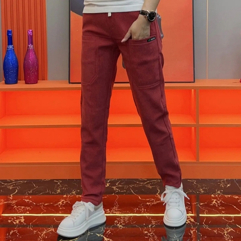 Pánske voľnočasové nohavice s fleecovým podšitím, šesť vreciek, rovný strih, stredná výška, pruhovaný vzor