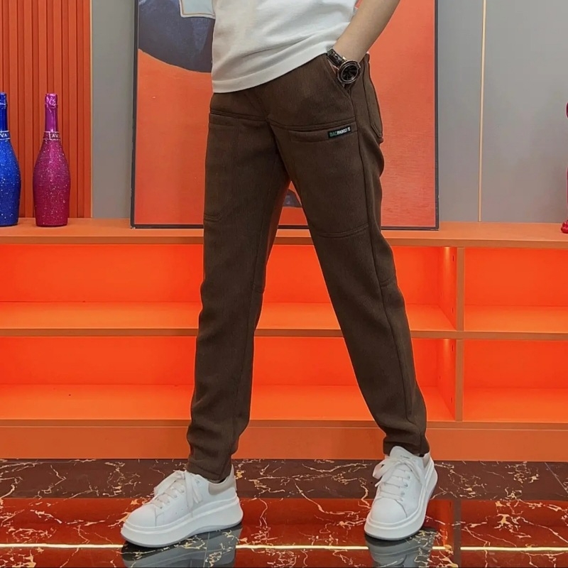 Pánske voľnočasové nohavice s fleecovým podšitím, šesť vreciek, rovný strih, stredná výška, pruhovaný vzor