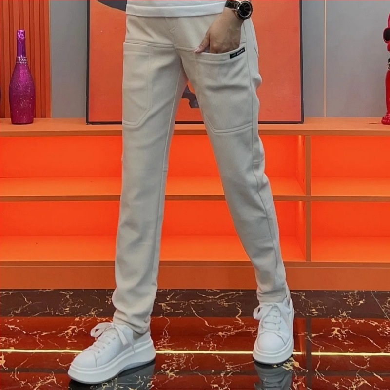 Pánske voľnočasové nohavice s fleecovým podšitím, šesť vreciek, rovný strih, stredná výška, pruhovaný vzor