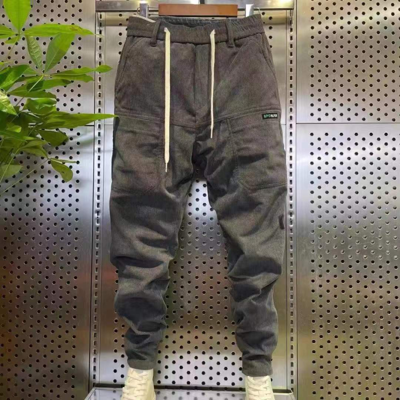 Pánske voľnočasové nohavice s fleecovým podšitím, šesť vreciek, rovný strih, stredná výška, pruhovaný vzor