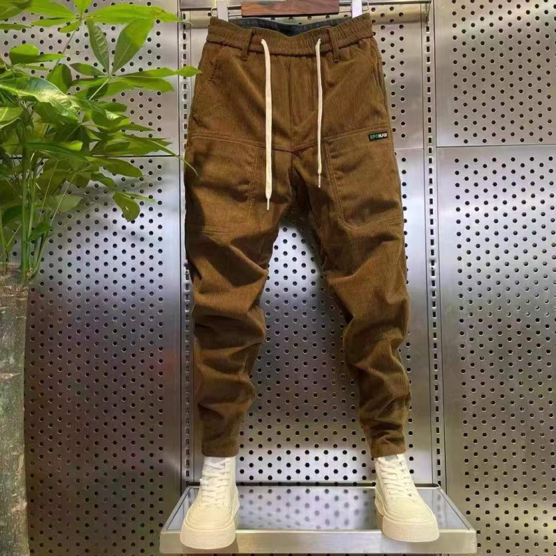 Pánske voľnočasové nohavice s fleecovým podšitím, šesť vreciek, rovný strih, stredná výška, pruhovaný vzor