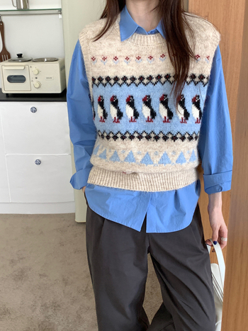 Vestă tricotată pentru femei, stil coreean, imprimeu animal, guler rotund, poliester 80–90% cu nylon până la 30%