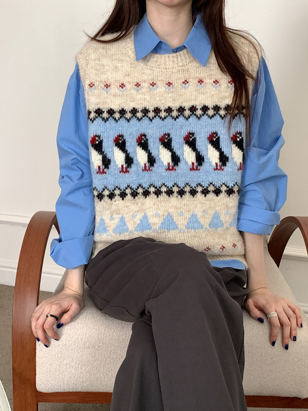 Vestă tricotată pentru femei, stil coreean, imprimeu animal, guler rotund, poliester 80–90% cu nylon până la 30%