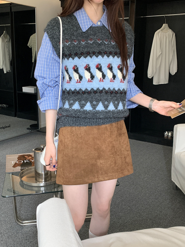 Vestă tricotată pentru femei, stil coreean, imprimeu animal, guler rotund, poliester 80–90% cu nylon până la 30%