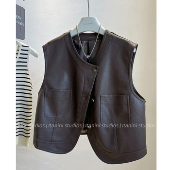 Vestă din piele PU în stil coreean retro, scurtă, fără mâneci, pentru femei, primăvara 2025.