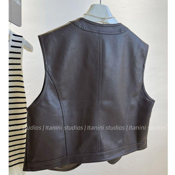 Vestă din piele PU în stil coreean retro, scurtă, fără mâneci, pentru femei, primăvara 2025.