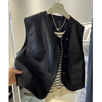 Vestă din piele PU în stil coreean retro, scurtă, fără mâneci, pentru femei, primăvara 2025.