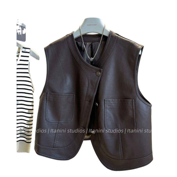 Vestă din piele PU în stil coreean retro, scurtă, fără mâneci, pentru femei, primăvara 2025.