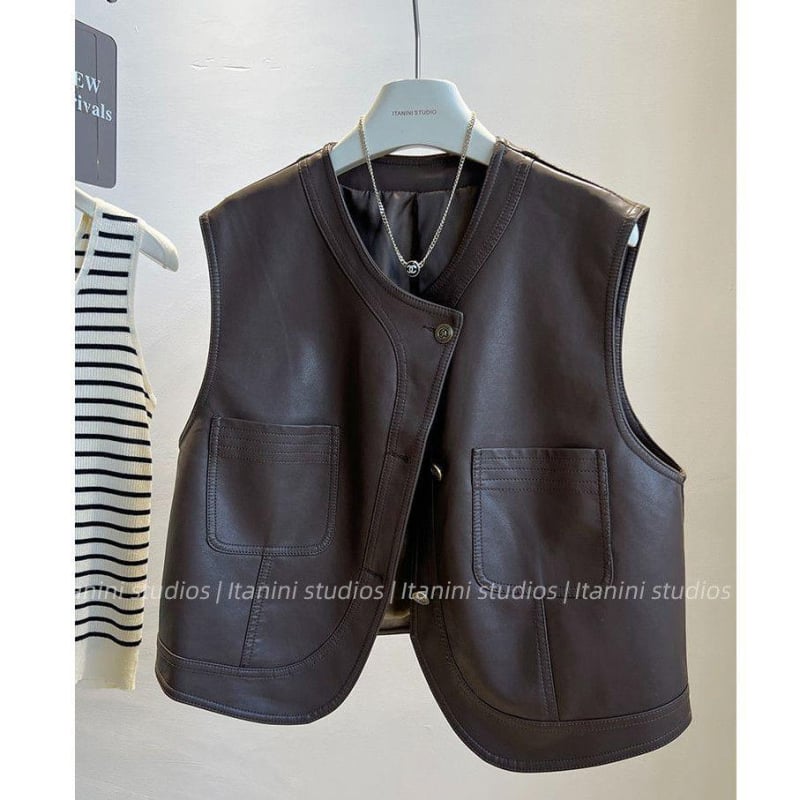 Vestă din piele PU în stil coreean retro, scurtă, fără mâneci, pentru femei, primăvara 2025.