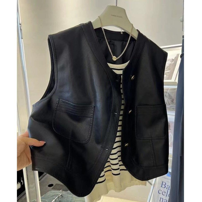 Vestă din piele PU în stil coreean retro, scurtă, fără mâneci, pentru femei, primăvara 2025.