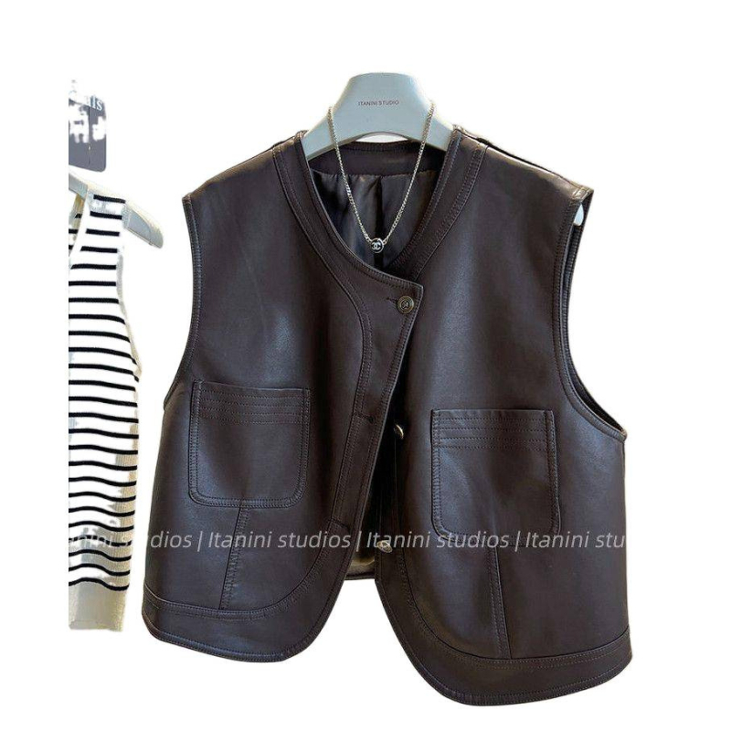 Vestă din piele PU în stil coreean retro, scurtă, fără mâneci, pentru femei, primăvara 2025.