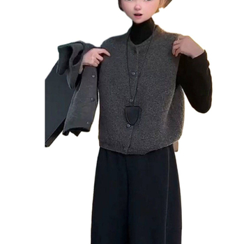 Vestă fără mâneci pentru layering — tricotată cu guler polo, material Chenille cu Spandex sub 30%, primăvara 2025