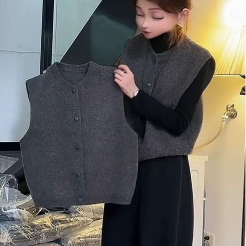 Vestă fără mâneci pentru layering — tricotată cu guler polo, material Chenille cu Spandex sub 30%, primăvara 2025