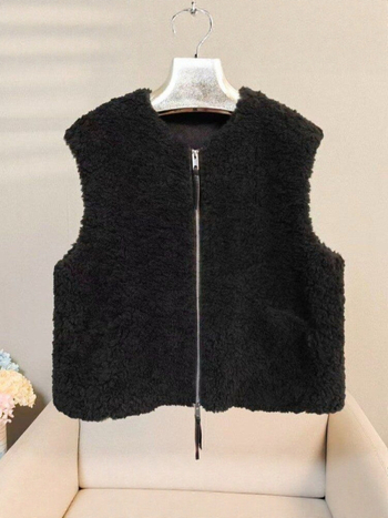 Vestă pentru femei cu fermoar, guler rotund, croială lejeră, accente din blană artificială, țesătură din poliester-elastan