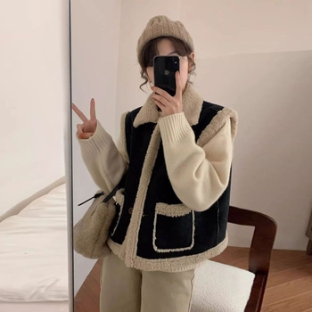Vesta feminină în stil coreean, căptușită cu blană, din chenille, fără mâneci, lungime normală
